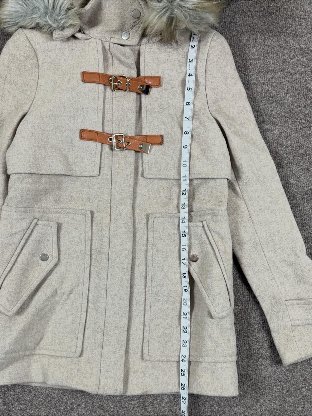 Zara Oatmeal Beige Wool Blend Duffle Coat Women’s XS Removable Hood & Fur Trim - Picture 9 of 10